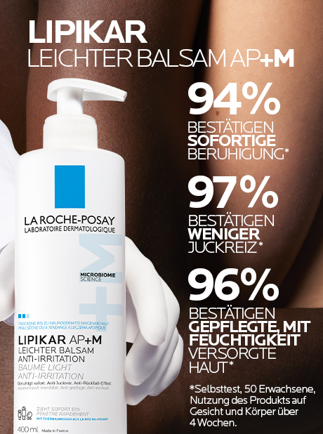La Roche-Posay Lipikar Balsam AP+M. Text: 94% sofortige Beruhigung, 97% weniger Juckreiz, 96% gepflegte Haut.